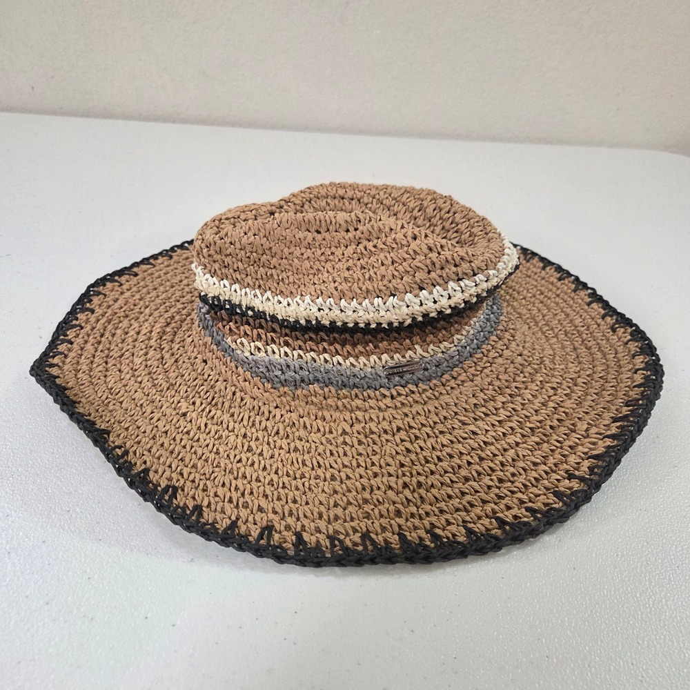 Steve Madden Tan Paper Straw Wide Brim Sun Hat Striped Crochet One Size